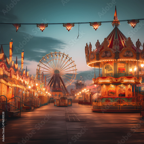 Deserted carnival at dusk with glowing lights