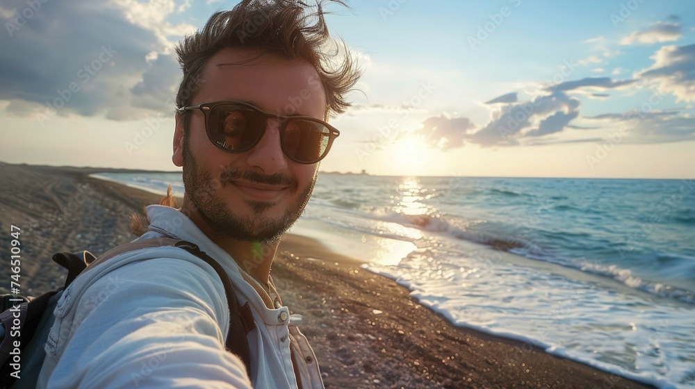 A young happy man wearing sunglasses taking selfie on the seashore. Cheerful man traveling