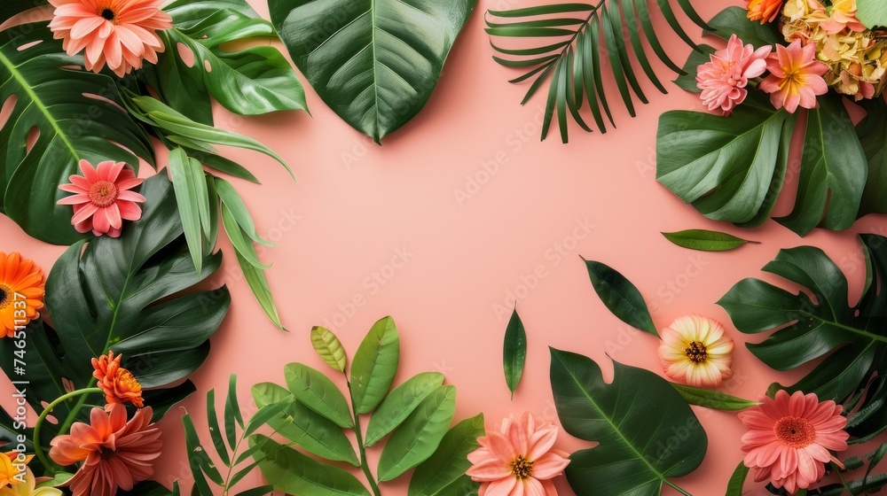 Creative layout made of flowers and leaves. Flat lay. Nature concept. Floral Greeting card. Colorful spring flower background, space for text. Nature Trendy Decorative Design.