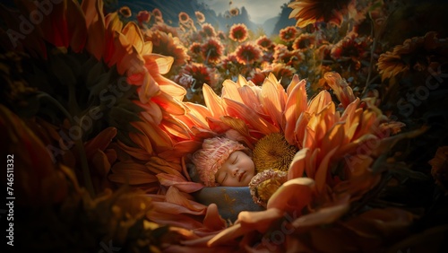 Baby Gesicht im Blumenmeer Nahaufnahme Poster, ai generativ