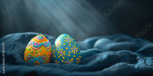 Colorful easter eggs and flowers on dark blue background retro toned .Easter eggs in a nest with flowers on the grass . 