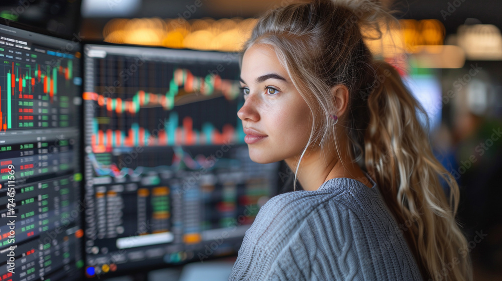 a young beautiful woman looking at the monitor with stock market data. Trading and financial concept. a young beautiful woman looking at the monitor with stock market data. Trading and financial concept.