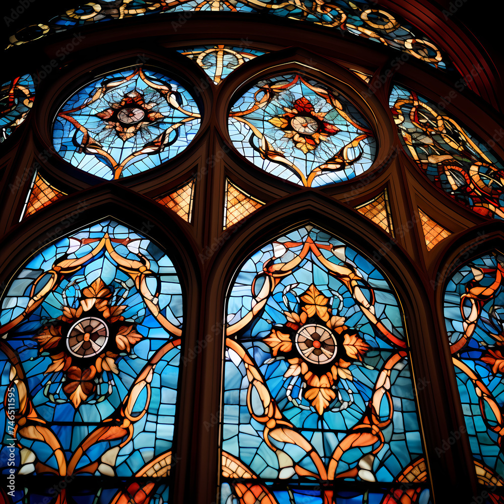 Intricate details of a stained glass window.