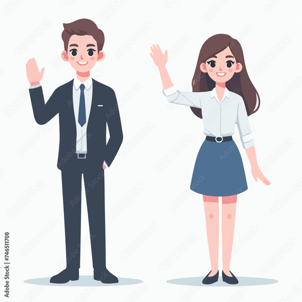flat design illustration of a business man and woman model waving their hands flat design illustration of a business man and woman model waving their hands