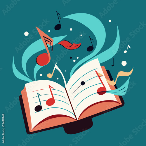 Musical notes floating out of an open book. vektor illustation