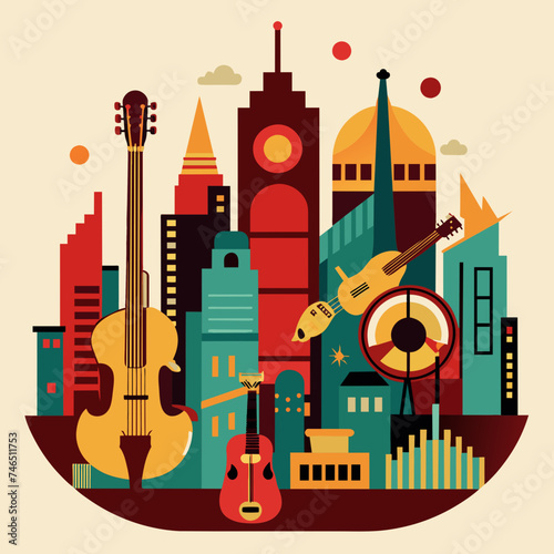A city skyline made of musical instruments. vektor illustation