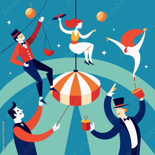A music-themed circus with acrobats swinging from musical notes. vektor illustation