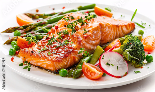 Grilled Salmon and Colorful Vegetables on a Gourmet Plate