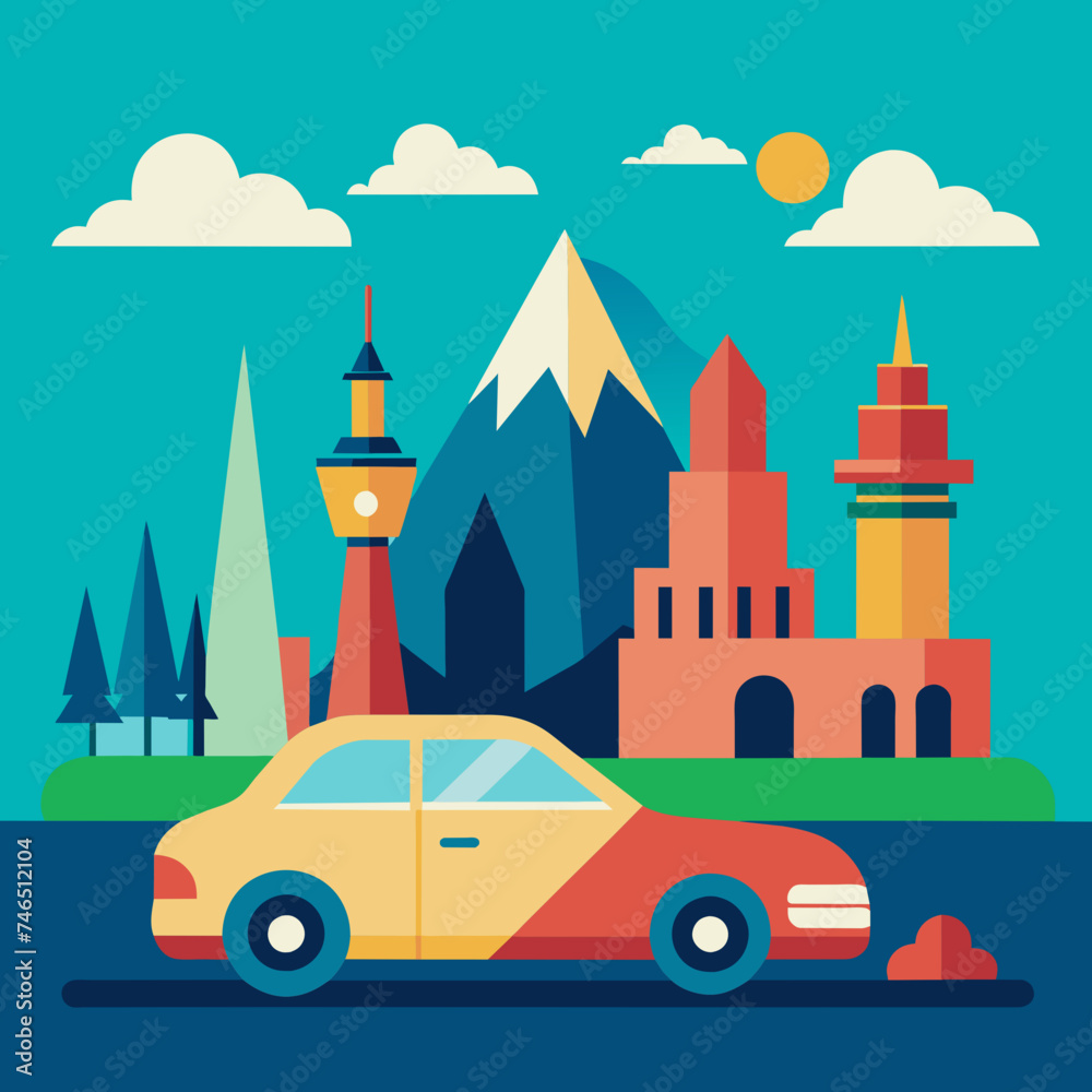 Electric car driving past iconic landmarks in a city. vektor illustation