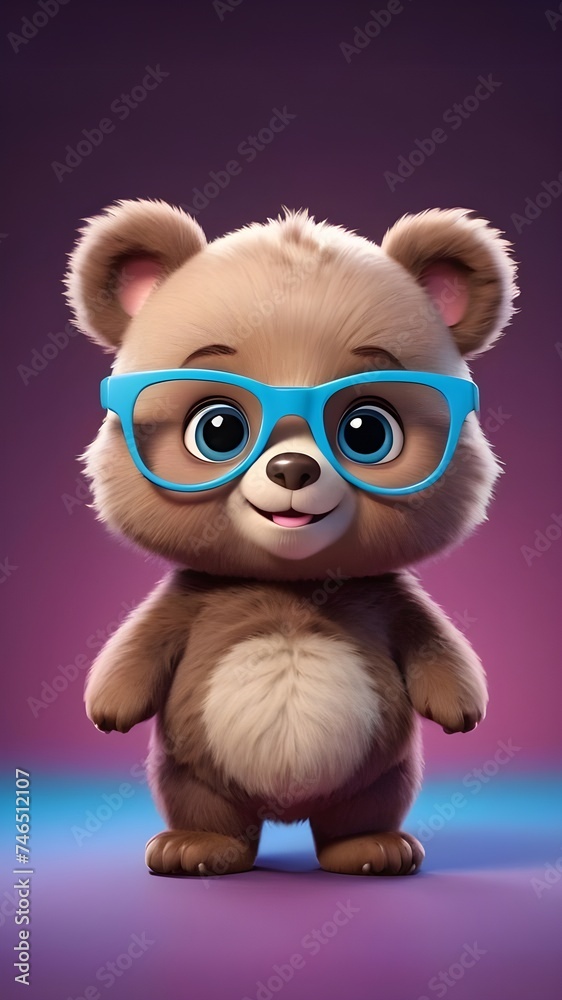 Fototapeta premium Cute baby bear wearing blue colour spectacles isolated on a solid pastel colour background, baby bear wallpaper for kids, Creative baby animal concept, commercial, editorial advertisement background