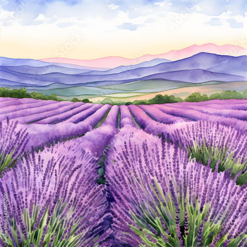 Watercolor purple lavender flowers field with hills. Provence, France