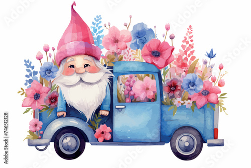 Cute gnome, scooter, Easter eggs. Watercolor clipart, in cartoon style, on an isolated background.