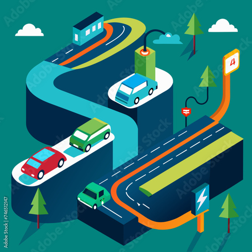 Charging network expanding along highways for electric cars. vektor illustation