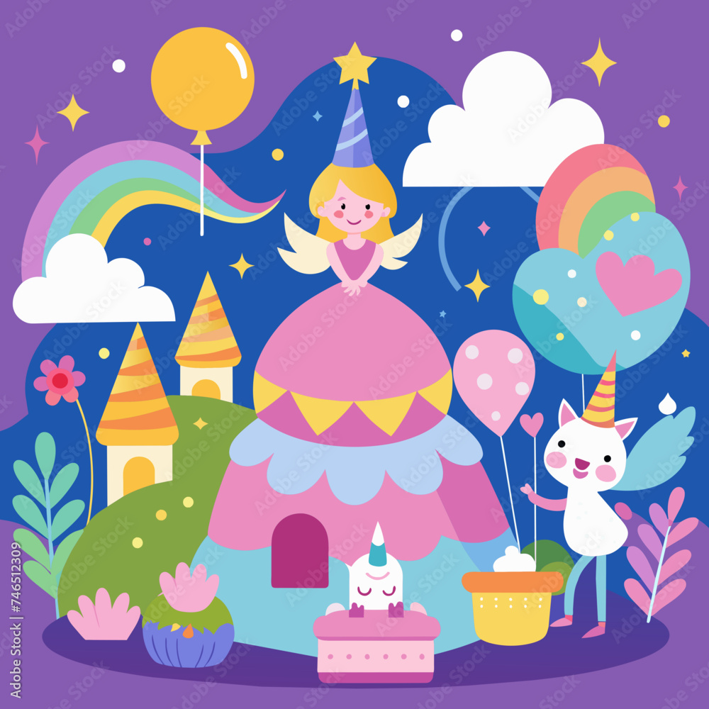 A magical birthday wonderland with fairies and unicorns. vektor illustation