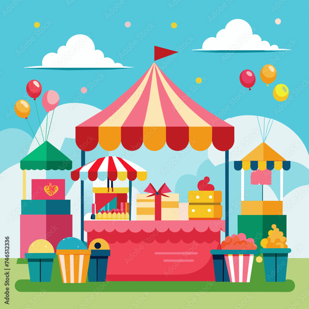 A vibrant birthday market with stalls selling treats and gifts. vektor illustation