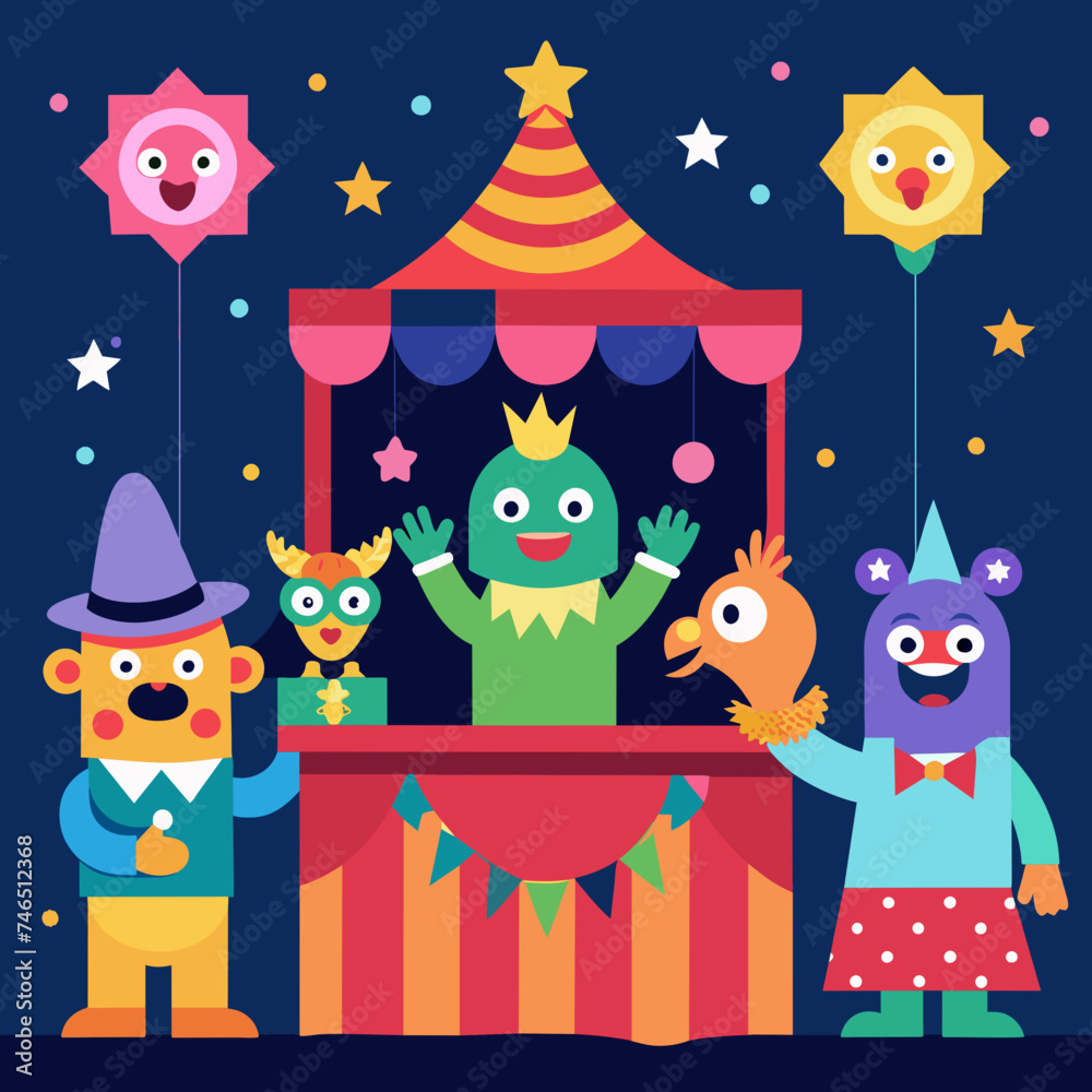 Obraz premium A whimsical birthday puppet show with colorful characters. vektor illustation