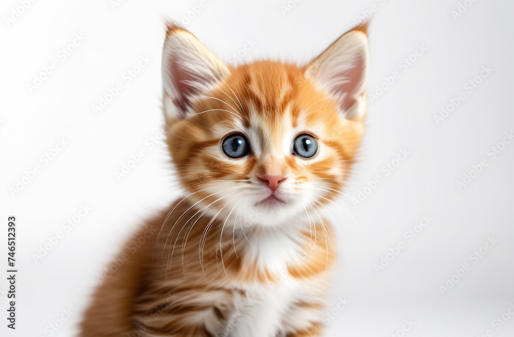 Orange kitten on white background.