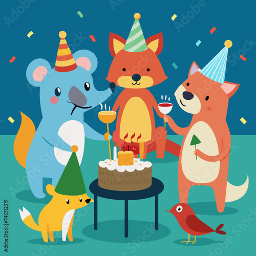 A playful scene of animals having a birthday barbecue. vektor illustation