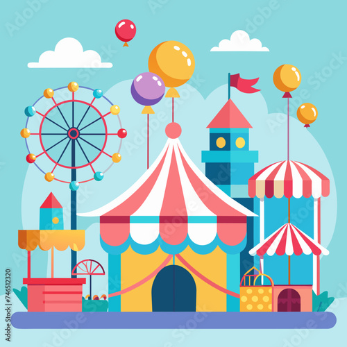 A festive scene of a birthday carnival with rides and attractions. vektor illustation