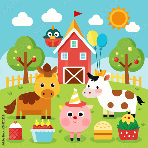 A cheerful birthday farm with barnyard animals and crops. vektor illustation