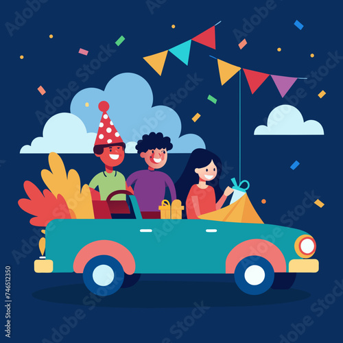A festive scene of a birthday road trip with friends in a convertible. vektor illustation