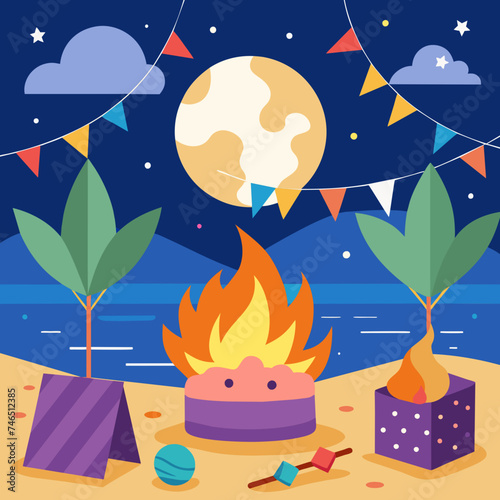 A festive scene of a birthday beach bonfire with s'mores and singing. vektor illustation