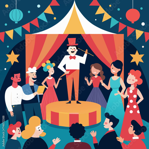 A festive scene of a birthday talent show with performers and judges. vektor illustation