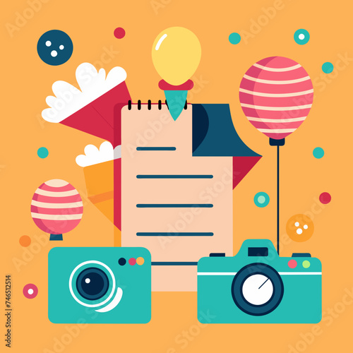 A happy birthday photography scavenger hunt with cameras and lists. vektor illustation