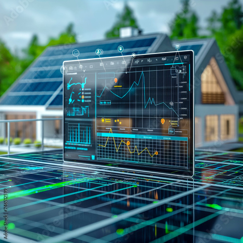 Solar Energy Analysis on Digital Tablet in Front of Solar Panels and Eco House
