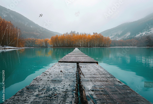 Wooden bridge over lake. Created with Ai