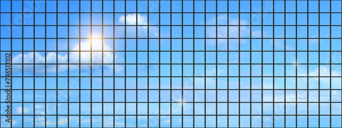 Panaramic windows of high-rise building with reflection of clouds and sun. Background mirror pattern with gradient mesh. Vector bg