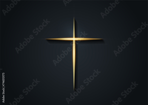 cross of light, shiny Cross with golden frame symbol of christianity. Symbol of hope and faith. Gold religious sign. Vector  illustration icon isolated on black background