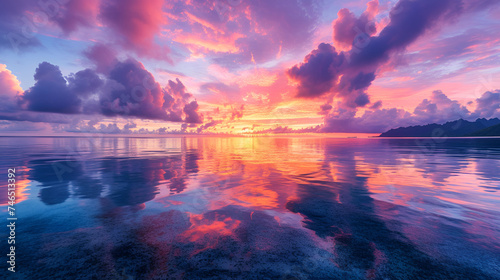 A colorful sunset over the ocean with a pink and purple sky, generative ai