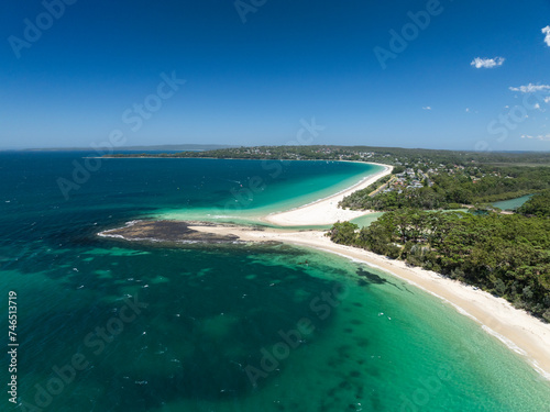 High angle aerial drone view of Huskisson Beach and Collingwood Beach in Huskisson and Vincentia, beachside suburbs in Jervis Bay Territory and on the South Coast of New South Wales, Australia. photo