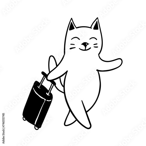 Funny travel character, cute smiling cat with suitcase isolated on white. Black line drawing sketch in doodle style. Vector clipart for tourist, trip or vacation illustration, web design, print.