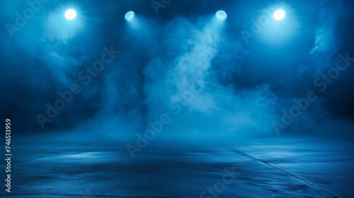 A dark empty street, dark blue background, an empty dark scene, neon light, spotlights The asphalt floor and studio room with smoke float up the interior texture. night view © admilustrador