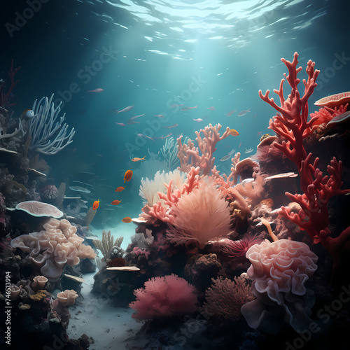 Surreal underwater scene with vibrant coral. © Cao