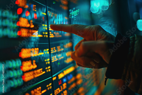 Trading stocks, crypto, on a board screen and an investor's hand pointing at the screen.