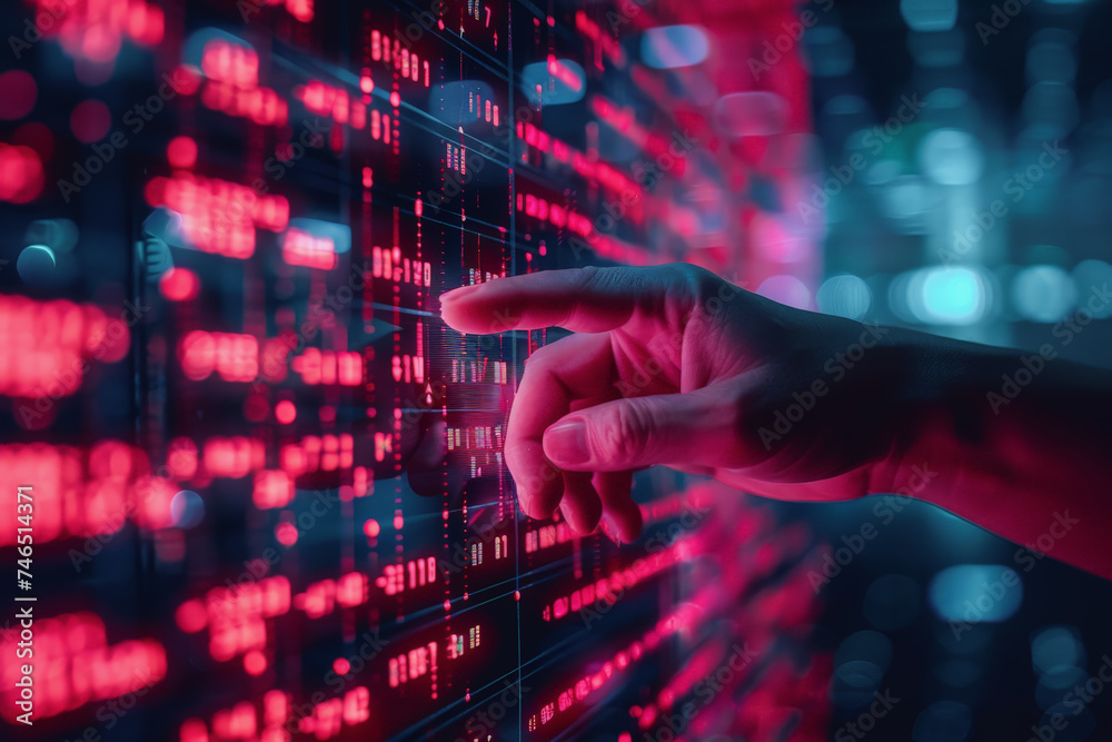 Trading stocks, crypto, on a board screen and an investor's hand pointing at the screen. Trading stocks, crypto, on a board screen and an investor's hand pointing at the screen.