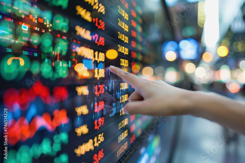 Trading stocks, crypto, on a board screen and an investor's hand pointing at the screen.