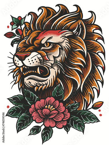 Old school style lion tattoo sketch on white background, lion vector, lion coloring book, lion drawing, lion icon