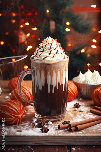 Gourmet Hot Chocolate with Christmas Tree Backdrop.