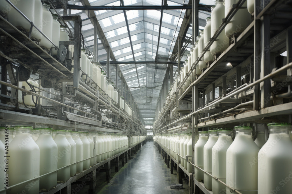 Automated conveyor system transporting milk bottles in a modern dairy processing plant.

