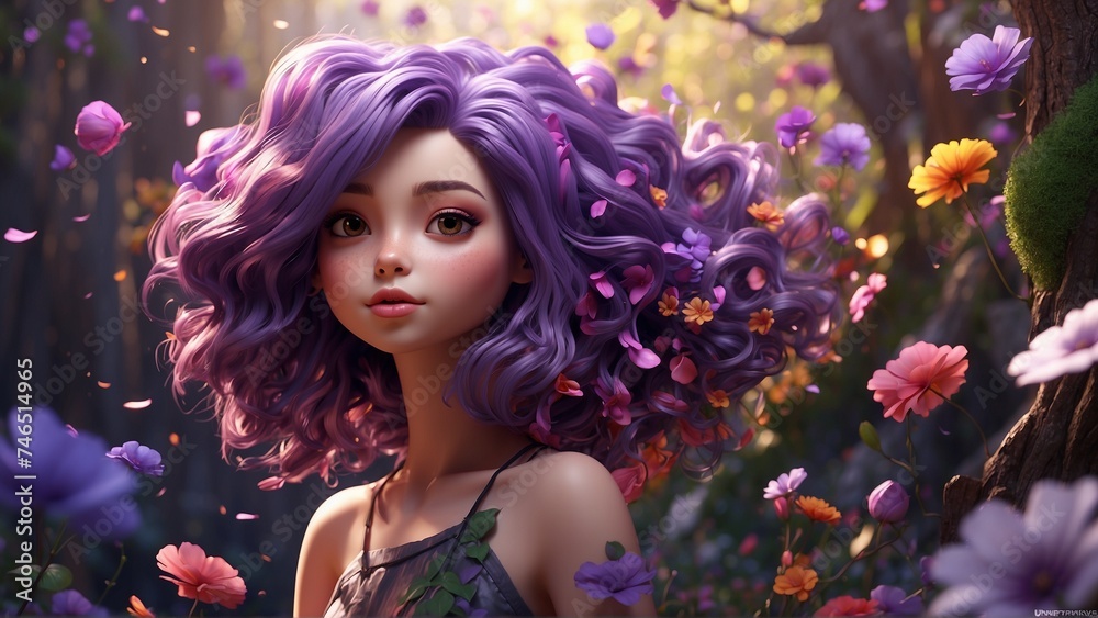 A chibi women purpul hair surrounded by tree hair A chibi women purpul hair surrounded by tree hair