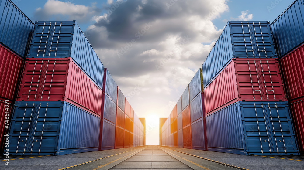 Fototapeta premium Efficient Shipping Solutions, Rows of Stacked Cargo Shipping Containers at the Port, Generative AI