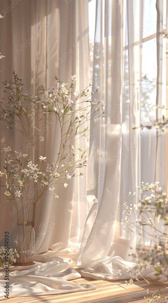 Big window in luxury house decorated with white curtain and spring flowers , light, calm and minimalistic elegant interior, modern spring sommer decoration	