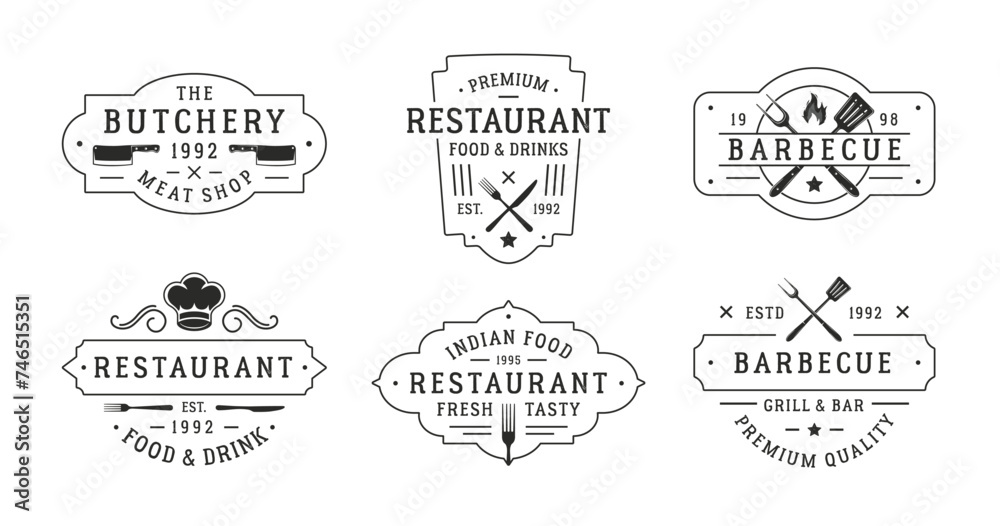 Vintage hipster logo templates for restaurant business. Butchery, Barbecue and Restaurant emblems templates. Fork, knife, Chef hat, cooking icons.Vector illustration
