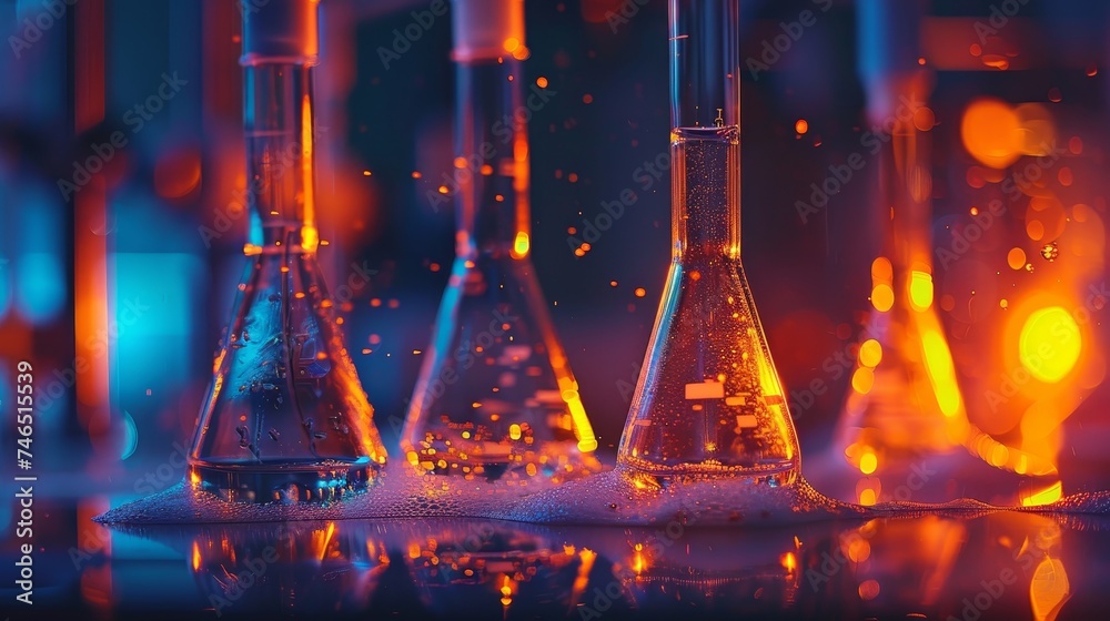 Laboratory glassware with bubbling chemical solutions emitting a warm, orange glow, suggesting scientific research and experiments. Laboratory glassware with bubbling chemical solutions emitting a warm, orange glow, suggesting scientific research and experiments.