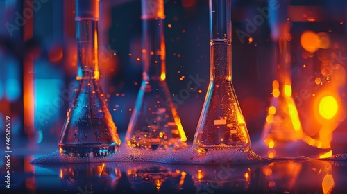 Laboratory glassware with bubbling chemical solutions emitting a warm, orange glow, suggesting scientific research and experiments.