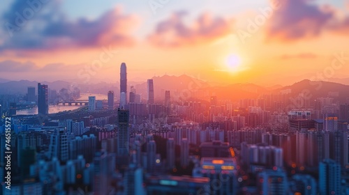 The warm glow of sunset bathes a sprawling urban cityscape, highlighting skyscrapers against a backdrop of distant mountains.